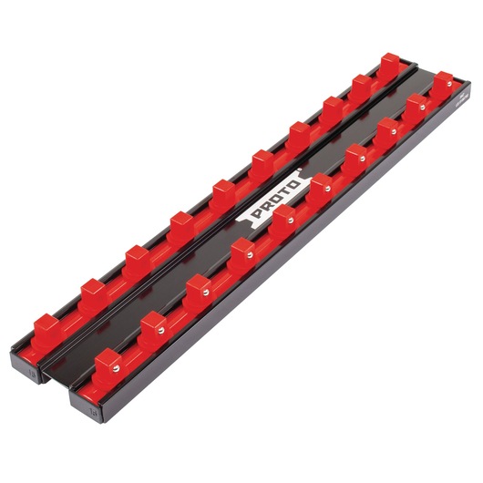 PROTO J2518TS socket organizer rail with black base and red clips, angled on white background.