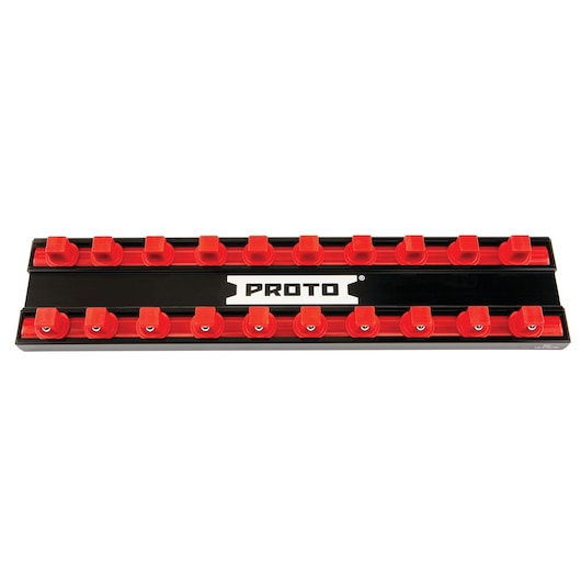 PROTO J2519TS socket organizer tray with red clips, black base, front angle, tool storage accessory.