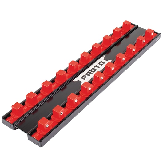 PROTO J2519TS socket organizer with red square holders, black base, top angle photo.