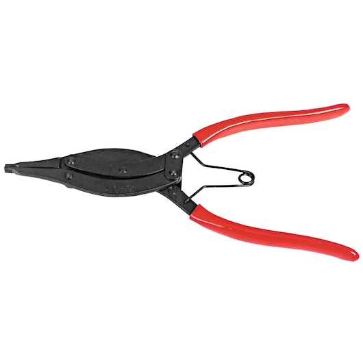 PROTO J251G snap ring pliers with black jaws and red handles, side angle on white background.