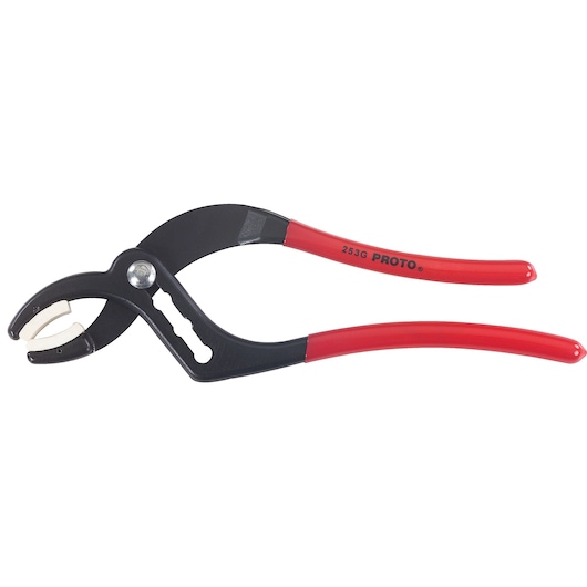PROTO J253G adjustable slip joint pliers with red handles, side view on white background.