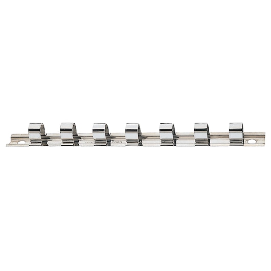 PROTO J2570 chrome socket rail with clips, photography, front angle on white background.