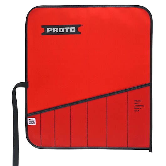 PROTO J25TR01C red tool pouch with black trim, angled slot design, visible logo, and USA label, front angle.
