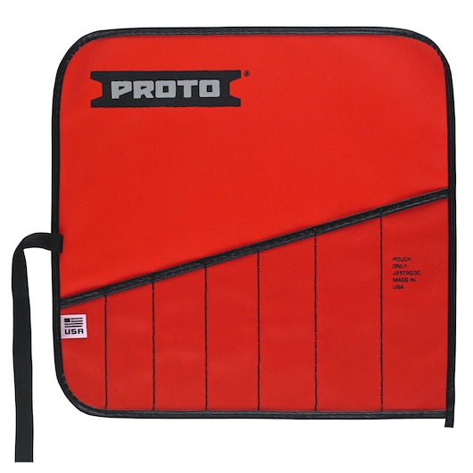 PROTO J25TR03C red tool pouch with black trim, multiple slots, and USA flag label, photographed flat on white background.