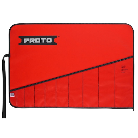 PROTO J25TR05C red tool pouch with black trim, angled pocket design, flat lay on white background.