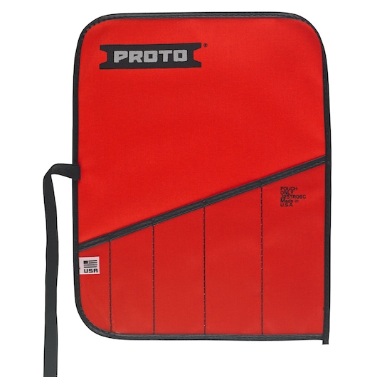 Photo of PROTO J25TR06C red tool pouch with black trim, four slots, and USA flag detail, front angle on white background.
