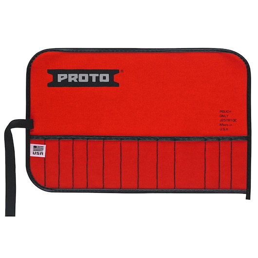 PROTO J25TR10C red tool pouch with black trim, individual slots, and USA flag tag, front view on white.
