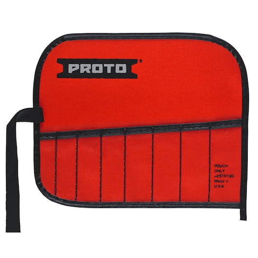 PROTO J25TR12C red tool pouch with black trim, six slots, flat front angle, photography.