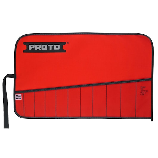 PROTO J25TR13C red tool pouch with black trim, flat lay, front view, photography product category.