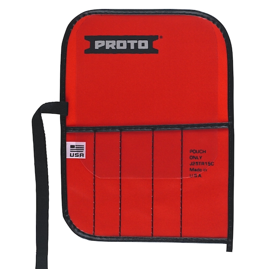 PROTO J25TR15C red tool pouch with black trim and multiple pockets, front angle, photography