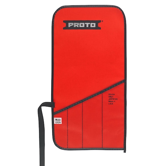PROTO red tool pouch J25TR18C with black trim, diagonal pocket design, and USA flag label, front angle.