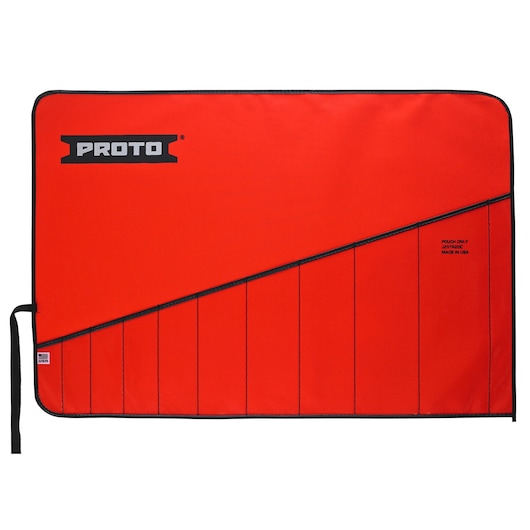 Photo of PROTO J25TR20C red tool pouch with black trim and multiple vertical pockets, shown from front on white background.
