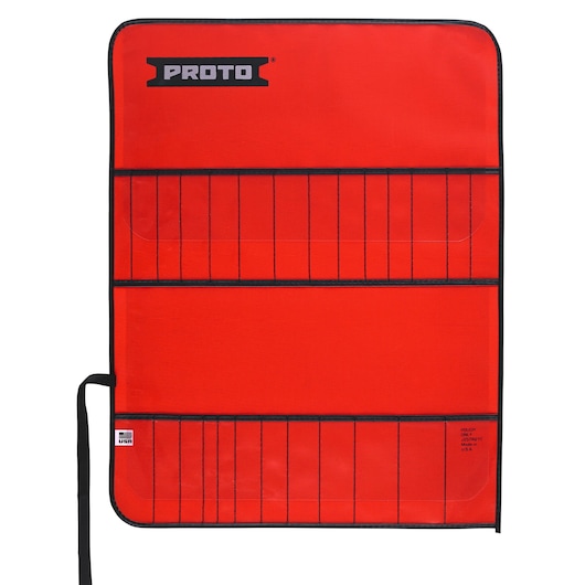 PROTO J25TR21C tool organizer roll, bright red fabric with black trim, multiple pocket slots, front view on white background.