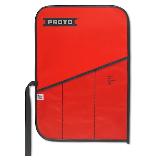 Photo of PROTO tool pouch J25TR22C, bright red fabric with black trim, three pockets, flat front view.