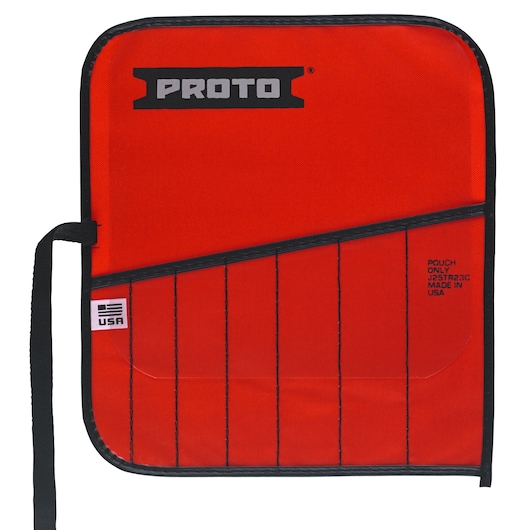 PROTO red tool pouch J25TR23C with black trim, multiple vertical slots, and USA flag label, front angle.