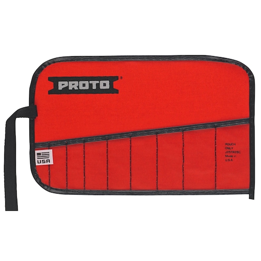 PROTO J25TR26C red tool pouch with black trim, seven vertical pockets and tie, front angle on white background.