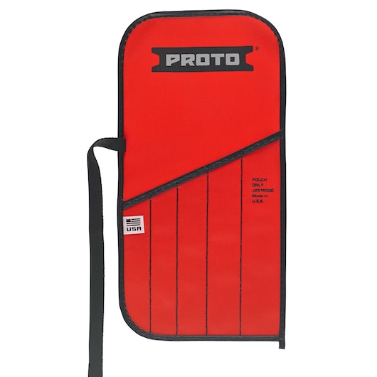 PROTO red tool pouch with black trim, diagonal seam, visible stitching, and tie strap, J25TR30C, front angle.