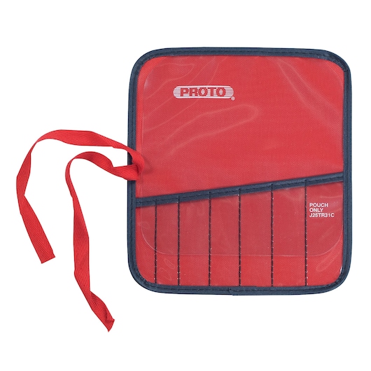 PROTO red tool pouch with black trim, tie straps, and visible slots, SKU J25TR31C, front angle on white background.