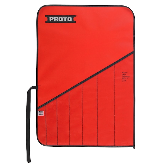 PROTO J25TR32C tool pouch, red with black trim and pockets, shown flat with stitching details, front view.