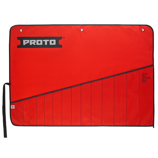 PROTO J25TR34C red tool pouch with multiple vertical pockets, black trim, and hanging grommets, front angle.
