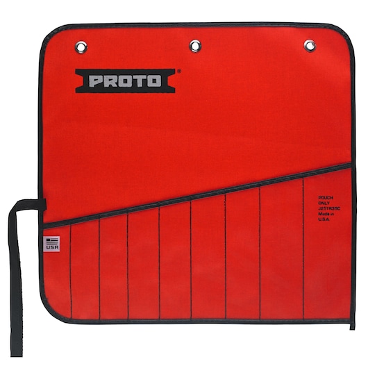 PROTO J25TR35C red tool pouch with black trim and multiple vertical pockets, photographed on white background.