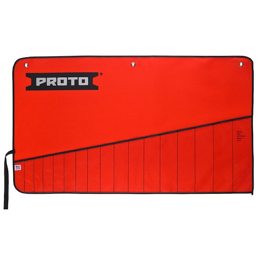PROTO red tool roll with black trim, multiple slots, and grommets for hanging, SKU J25TR36C, front angle.