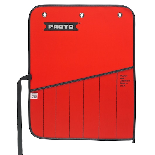 PROTO J25TR37C red tool pouch with black trim, six vertical pockets, and hanging eyelets, front view on white background.