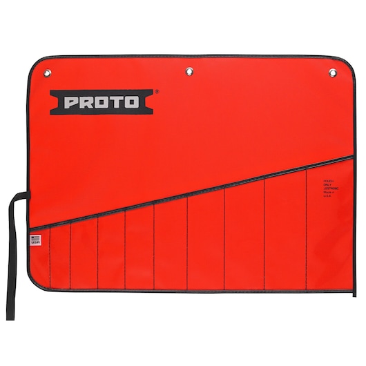 PROTO J25TR39C red tool roll with black trim, angled pockets, and grommets, front angle on white background.
