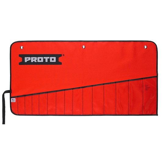 PROTO J25TR40C red tool roll with multiple pockets, black trim, and metal grommets, shown flat on white background.
