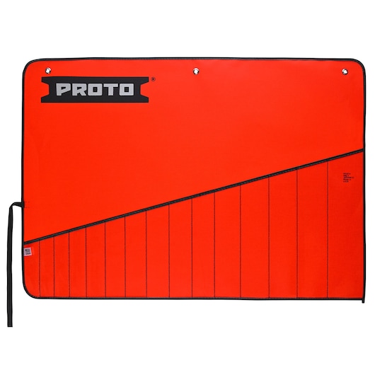 PROTO J25TR41C bright red tool organizer mat, black trim, pocket slots, front angle, photography on white background.