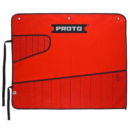 Photo of PROTO J25TR42C red tool pouch with multiple stitched slots, black trim and hanging grommets, top view.