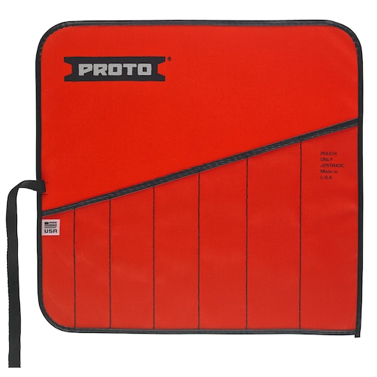 PROTO J25TR43C red tool pouch with black trim and multiple internal slots, flat view on white background.
