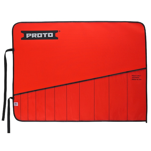 Photo of PROTO J25TR44C red tool pouch with black trim, horizontal angle, multiple pockets, brand logo visible.