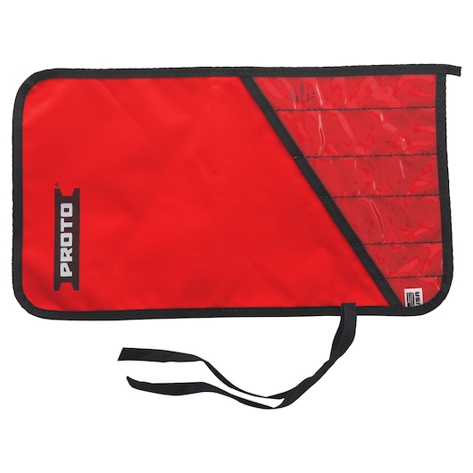 PROTO J25TR46C red tool roll with black trim and transparent pockets, shown flat on white background.