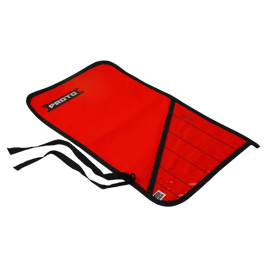 PROTO J25TR46C red tool roll with black trim and ties, laid flat at an angle, product photography.
