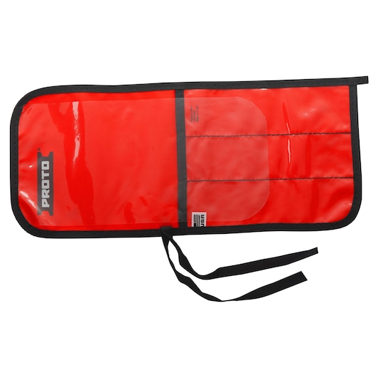 PROTO red tool roll with three pockets, black trim, and tie straps, SKU J25TR54C, photo on white background.