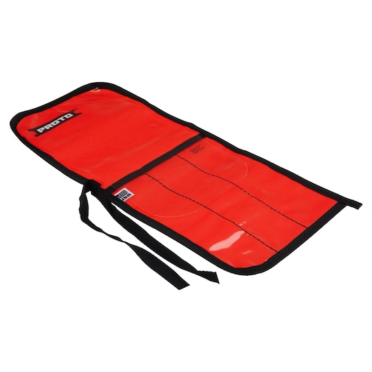 PROTO J25TR54C red fabric tool roll with black trim, unrolled flat, empty pockets visible, white background.