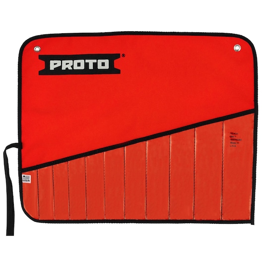PROTO red tool roll with multiple pockets, SKU J25TR58C, black trim and hanging grommets, front view.