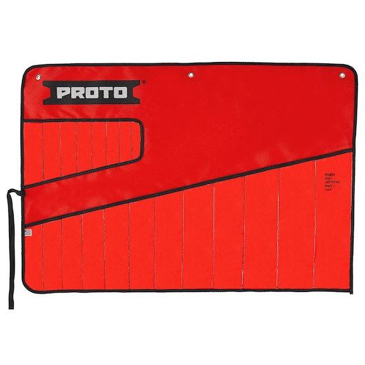 PROTO red tool roll with black trim, multiple stitched slots for tools, flat layout, SKU J25TR59C, front angle.