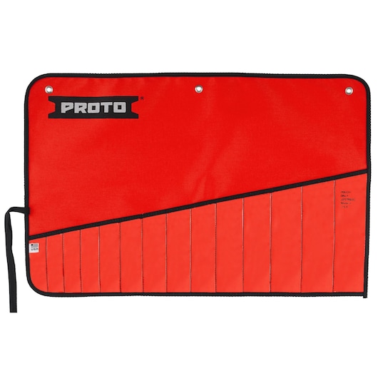 PROTO J25TR60C red tool roll with multiple pockets and black trim, front angle on white background.