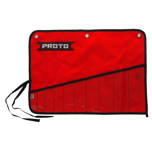 PROTO J25TR67C red tool roll with multiple pockets, black trim, and tie straps, photography on white background.