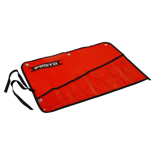 PROTO J25TR67C red tool roll with black trim and labeled pockets, top angle on white background.