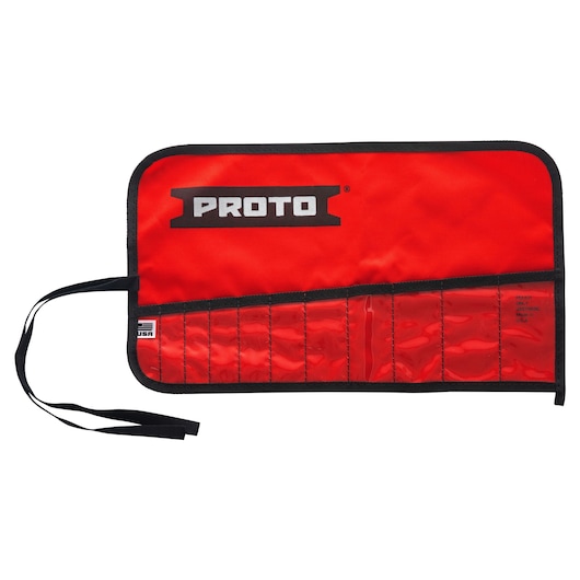 PROTO J25TR69C red tool roll with black trim, clear pocket sleeves, and tie straps, photographed on white background.
