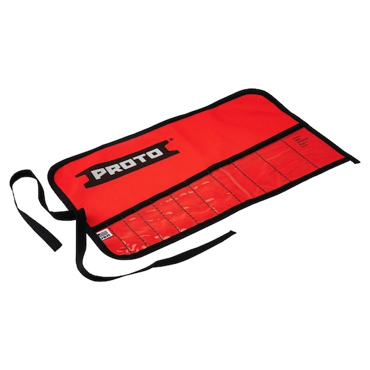 PROTO J25TR69C red tool roll with black trim and pockets, flat on white background, tool organizer.