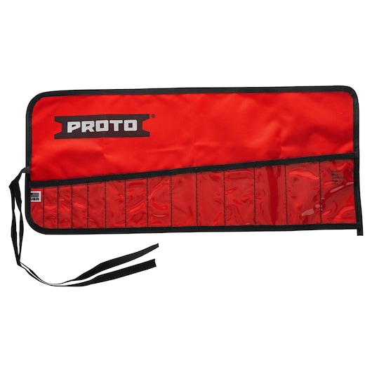 PROTO J25TR70C red and black tool roll with multiple clear pockets and tie straps, photography on white background.