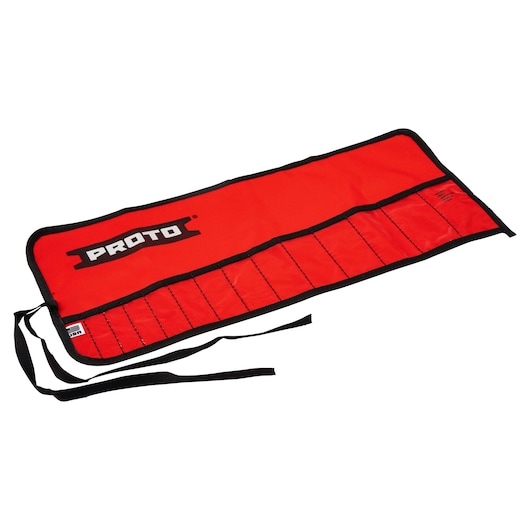 PROTO J25TR70C red tool roll with black trim and pockets, laid flat, white background.