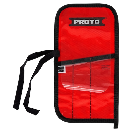 PROTO J25TR71C red tool pouch with black trim and tie, photographed from above on white background.