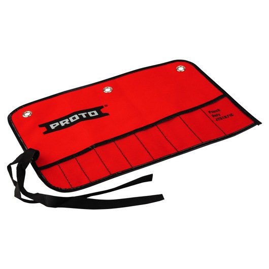 PROTO J25TR71C red fabric tool pouch with multiple storage slots and black trim, angled front view.