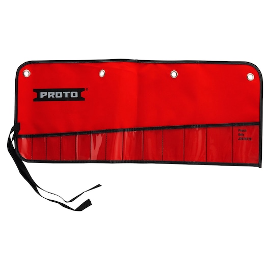 PROTO red tool pouch with black trim and clear front pockets, SKU J25TR72C, top view on white background.