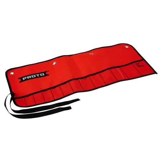 PROTO J25TR72C red tool roll with multiple slots, black trim, grommets, and tie straps, top view on white.